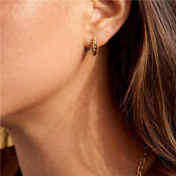 Gold huggie hoop earrings set small lightweight cubic zirconia twist hoops - Picture 6 of 7